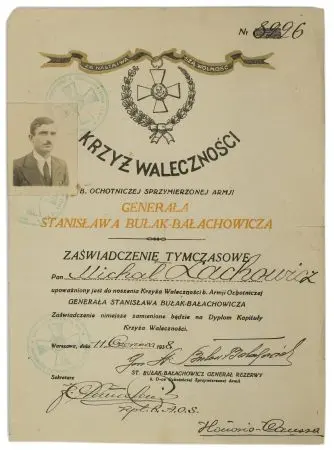 Zaświadczenie Tymczasowe - Dyplom Krzyża Waleczności byłej Armii Ochotniczej Gen. Bułak-Bałachowicza. Format A-4