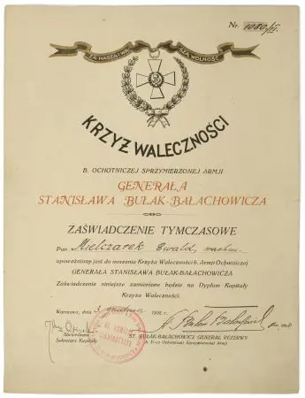 Zaświadczenie Tymczasowe - Dyplom Krzyża Waleczności byłej Armii Ochotniczej Gen. Bułak-Bałachowicza. Format A-4