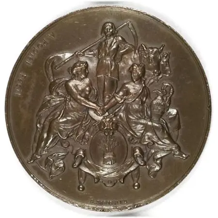 POWSZECHNA WYSTAWA KRAJOWA WE LWOWIE - 1884 A: Alegoryczne postaci R: W wieńcu z symboli rzemiosła napis: POWSZECHNA(?) Sygn. na A: A. SCHINDLER