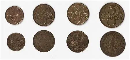 Komplet 40 sztuk: 1 groszy: 1923-39 +1 grosz cyna 1939 stany I-II; 2 grosze: 1923-39