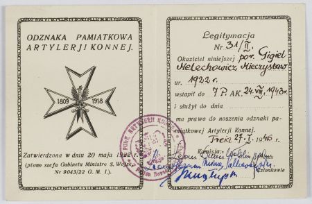 Legitymacja do odznaki pamiątkowej Artylerii Konnej PSZ