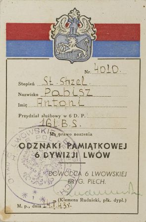  Legitymacja do odznaki pamiątkowej 6 Dywizji Lwów