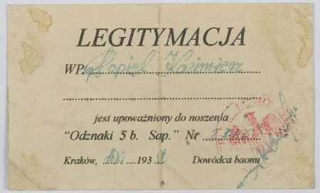  Legitymacja do odznaki 5 batalionu Saperów na nazwisko Popiel Kazimierz