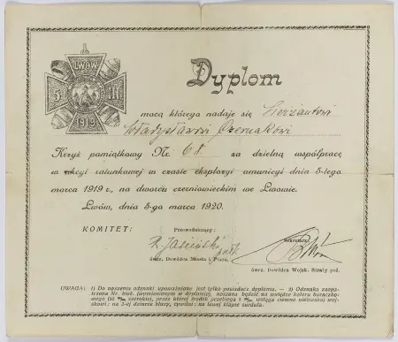 Dyplom nadania sierżantowi Władysławowi Czernakowi Krzyża pamiątkowego Nr 61