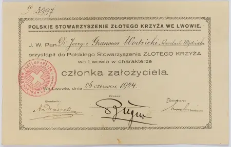 Polskie Stowarzyszenie Złotego Krzyża we Lwowie - dokument przystąpienia w charakterze członka założyciela dla Dr Jerzego z Granowa Wodzickiego Naczelnika Wydziału