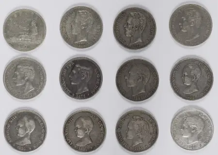 Hiszpania - zestaw 12 srebrnych monet 5 pesetas'owych z XIXw.