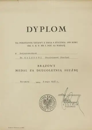 Zestaw dyplomów nadających podpułnikowi Dr. Galosowi Stanisławowi Józefowi Brązowego i Srebrnego Medalu za Długoletnią Służbę z 1938 roku
