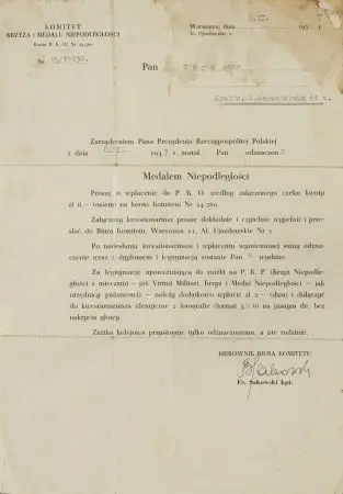 Dokument wydany przez Komitet Krzyża i Medalu Niepodległości w Warszawie