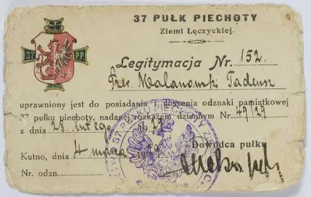 Legitymacja upoważniająca do noszenia odznaki pamiątkowej 37 Pułku Piechoty Ziemi Łęczyckiej