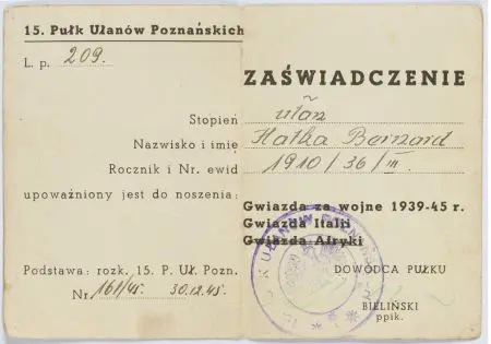 15 Pułk Ułanów Poznańskich - zaświadczenie nr 209 upoważniające do noszenia Gwiazdy za wojnę 1939-45 r.