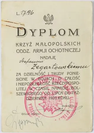 Dyplom nadający Stefanowi Żegartowskiemu Krzyż Małopolskich Oddziałów Armii Ochotniczej
