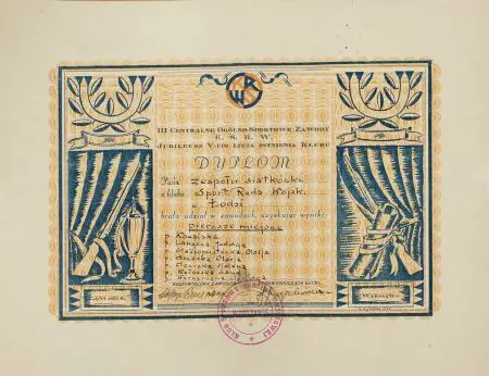 III Centralne Ogólnosportowe Zawody K.S.R.W. Jubileusz V-cio lecia istnienia klubu - dyplom za zajęcie pierwszego miejsca Zespołowi Siatkówki z klubu Sport. Rodz. Wojsk. w Łodzi.