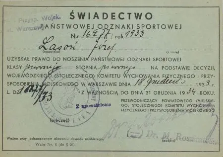 Świadectwo Państwowej Odznaki Sportowej nr 16977/rok 1933