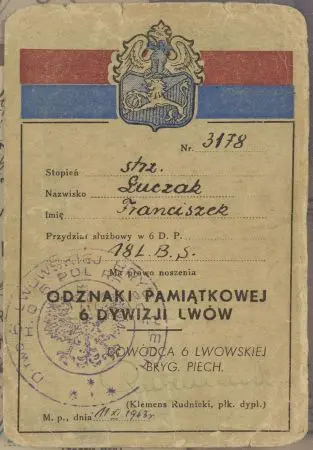Legitymacja nr 3178 uprawniająca do noszenia odznaki pamiątkowej 6. Dywizji Lwów