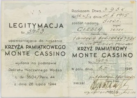 2 Korpus Polski Italia 1944 legitymacja nr 3423 upoważniająca do noszenia Krzyża Pamiątkowego Monte Cassino