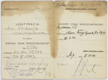 Sztab Naczelnego Wodza - legitymacja nr 2596 upoważniająca do noszenia Zwykłego Znaku Spadochronowego