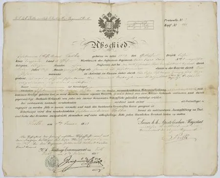 Dokument zwolnienia ze służby w 11 K.K Feldartillerie Regiment. - 11 Cesarsko Królewskim Pułku Artylerii Polowej