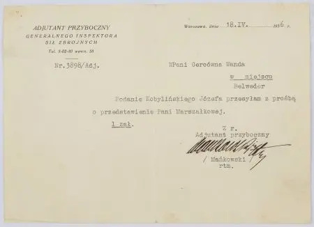 List podpisany przez adiutanta przybocznego Generalnego Inspektora Sił Zbrojnych Edwarda Mańkowskiego