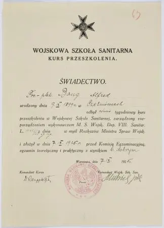 Świadectwo przeszkolenia w Wojskowej Szkole Sanitarnej na nazwisko Alfred Bang