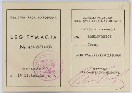 Legitymacja potwierdzająca odznaczenie Srebrnym Krzyżem Zasługi na nazwisko Jerzy Bohdanowicz