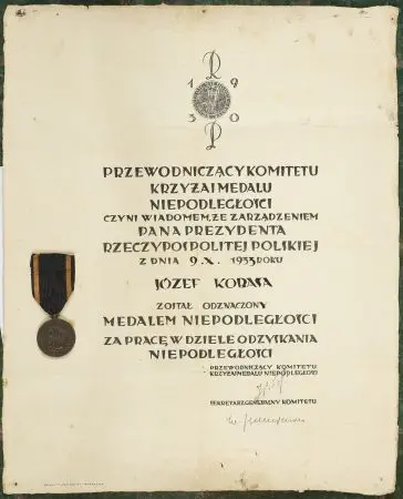 Medal Niepodległości na oryginalnej wstążce z dyplomem