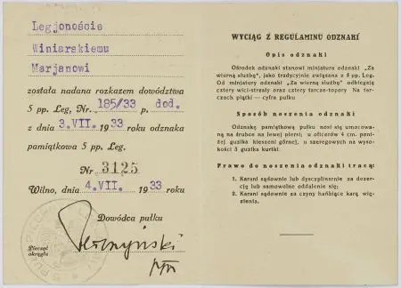 Legitymacja do odznaki pamiątkowej 5 Pułku Piechoty Legionów dla legionisty Mariana Winiarskiego