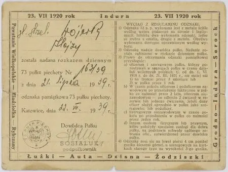 Legitymacja do odznaki pamiątkowej 73 Pułku Piechoty dla starszego strzelca Alojzego Wójcika