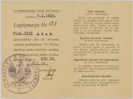 Legitymacja do odznaki pamiątkowej 74 Górnośląskiego Pułku Piechoty dla plutonowego Adama Czyża