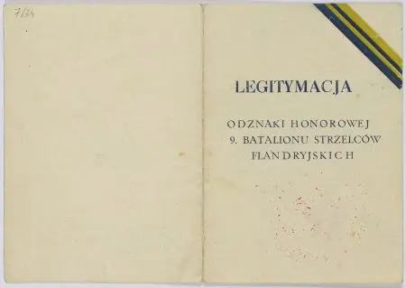 Legitymacja do Odznaki Honorowej 9.Batalionu Strzelców Flandryjskich