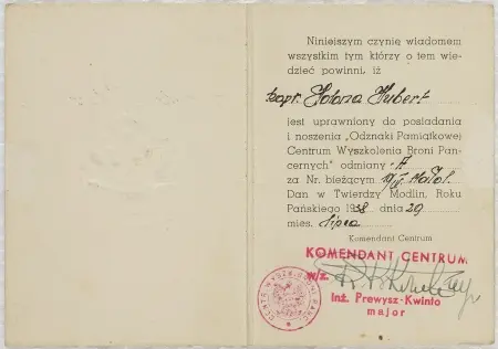 Legitymacja uprawniająca do noszenia Odznaki Pamiątkowej