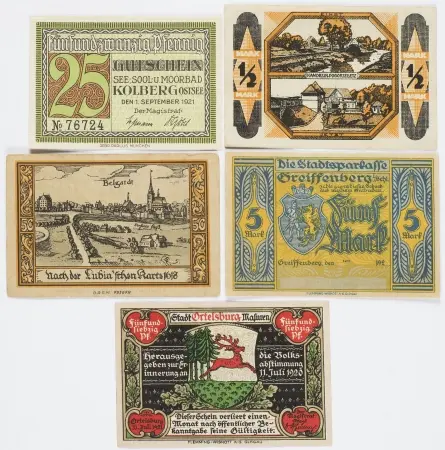 5 sztuk banknotów zastępczych z lat 1918-1921
