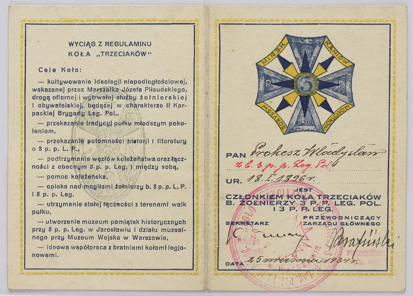 Legitymacja członkowska koła "Trzeciaków"