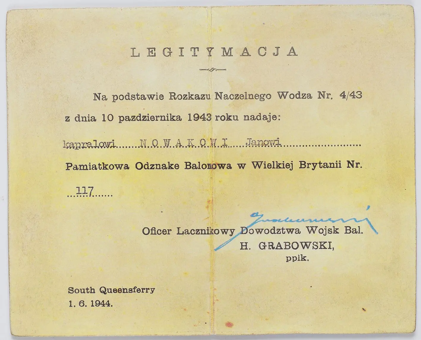 Legitymacja do Pamiątkowej Odznaki Balonowej w Wielkiej Brytanii nr 117