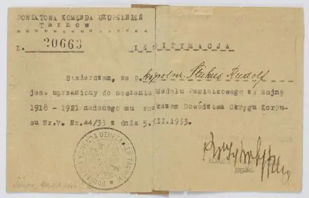 Legitymacja - potwierdzenie nadania Medalu Pamiątkowego za wojnę 1918-1921
