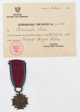 Zaświadczenie Tymczasowe nr 17741 z roku 1946 KRN o odznaczeniu Brązowym Krzyżem Zasługi