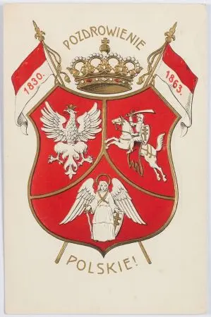 Pocztówka patriotyczna z wytłaczaną trójpolową tarczą herbową Polski Litwy i Rusi