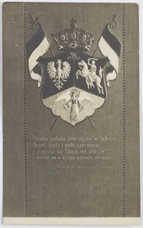 Pocztówka patriotyczna z trójpolową tarczą herbową Polski Litwy i Rusi