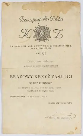 Dyplom nadania Brązowego Krzyża Zasługi Adamowi Ciemiężyńskiemu