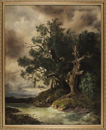 Pejzaż z rzeką i dębami