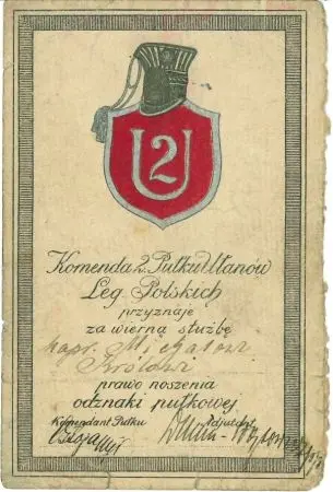 Legitymacja do odznaki pamiątkowej 2 Pułku Ułanów Legionów Polskich