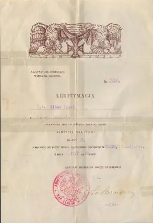 Legitymacja Odznaki Orderu Virtuti Militari V klasy