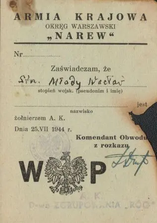 Zaświadczenie AK Armia Krajowa okręg warszawski Narew
