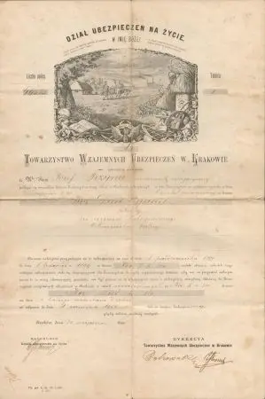 Polisa na życie wystawiona przez Towarzystwo Wzajemnych Ubezpieczeń w Krakowie 31 sierpnia 1899