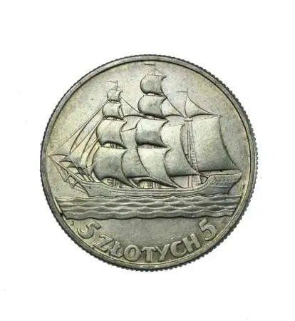 II RP - 5 ZŁOTYCH Z ŻAGLOWCEM 1936