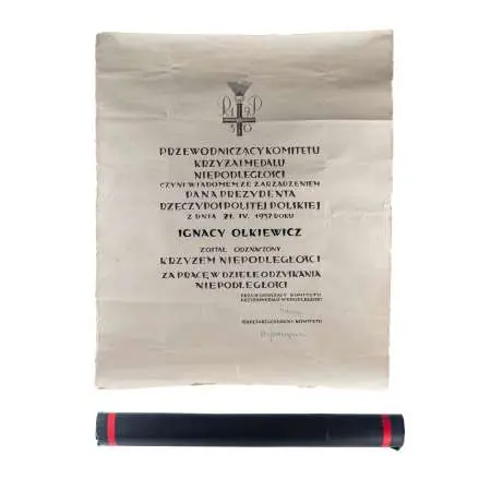 Krzyż Niepodległości "BOJOWNIKOM NIEPODLEGŁOŚCI" z dyplomem