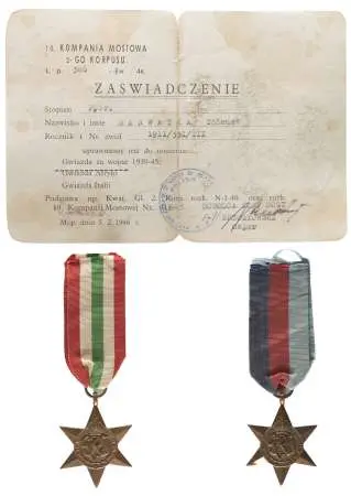 10 Kompania Mostowa 2 Korpusu zaświadczenie uprawniające ppor. Tadeusza Serwatkę do noszenia Gwiazdy za Wojnę oraz Gwiazdy Italii, z 1946