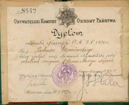 Dyplom do odznaki Obywatelskiego Komitetu Obrony Państwa z roku 1921