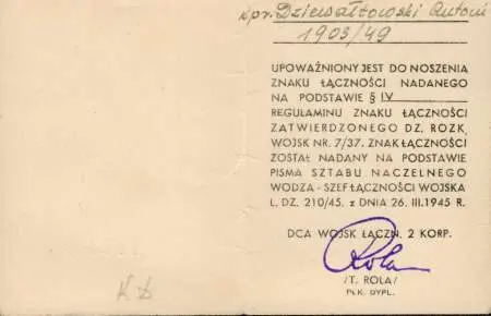Legitymacja uprawniająca do noszenia Znaku Łączności