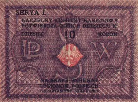 Naczelny Komitet Narodowy, potwierdzenie odbioru 10 koron na skarb wojenny Legionów Polskich