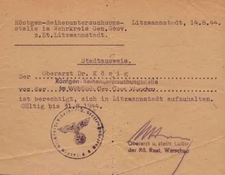 Karta miejska uprawniająca starszego dr. K?ninga do przebywania w Litzmannstadt (Łódź)